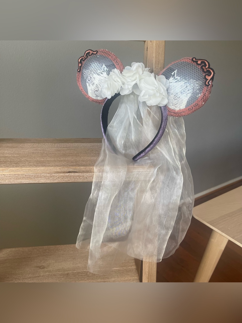 Disney Parks Haunted Mansion Bride Constance Ears Headband W/ Veil Sequin Auth.